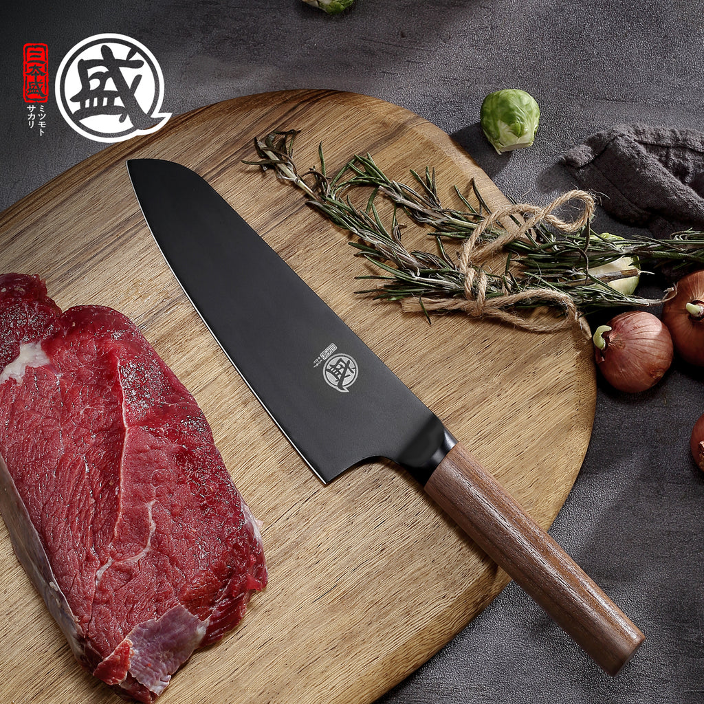 MITSUMOTO SAKARI | 7" Santoku Chef Knife – Black Titanium Coated All-Purpose Knife