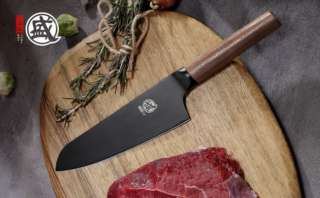 MITSUMOTO SAKARI | 7" Santoku Chef Knife – Black Titanium Coated All-Purpose Knife